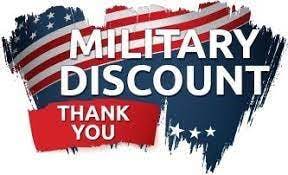 Sign offering military discounts with patriotic American flag design.